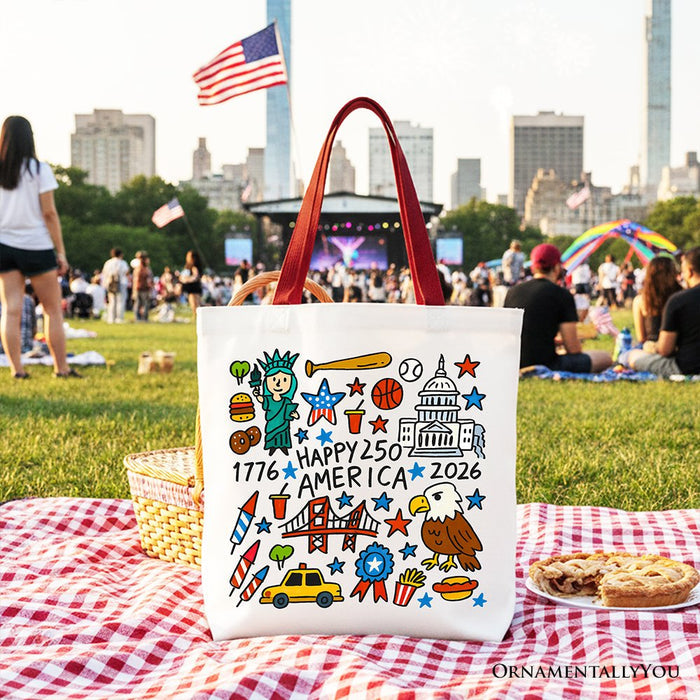Happy 250 America Doodle Tote Bag, Patriotic USA 1776-2026 250th Anniversary Gift Shopper Tote Bag OrnamentallyYou Red Handle