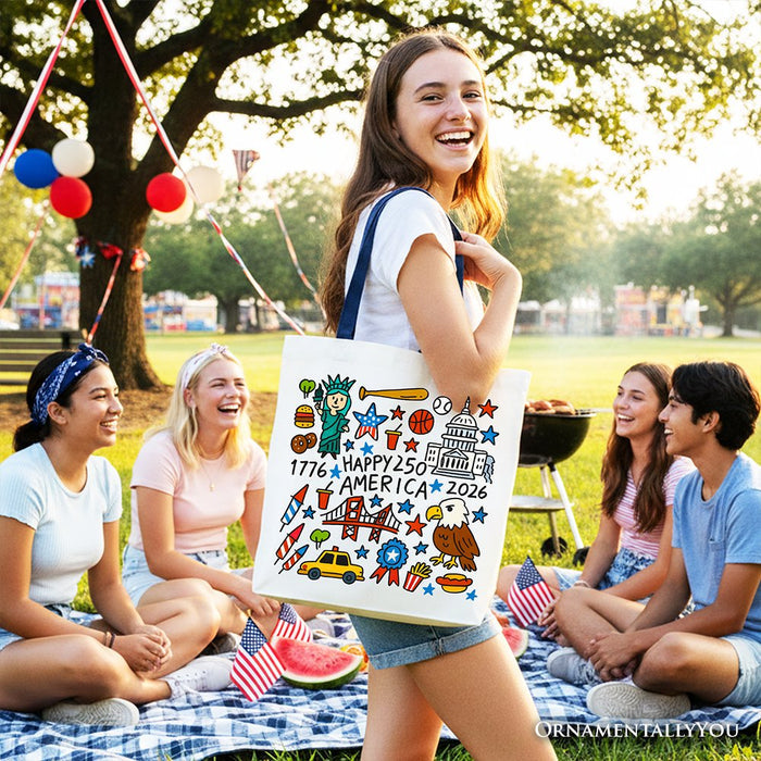 Happy 250 America Doodle Tote Bag, Patriotic USA 1776-2026 250th Anniversary Gift Shopper Tote Bag OrnamentallyYou