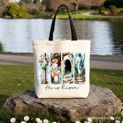 He Is Risen Christian Brushstroke Canvas Tote Bag, Festive Easter Gift Shopper Tote Bag OrnamentallyYou Black Handle