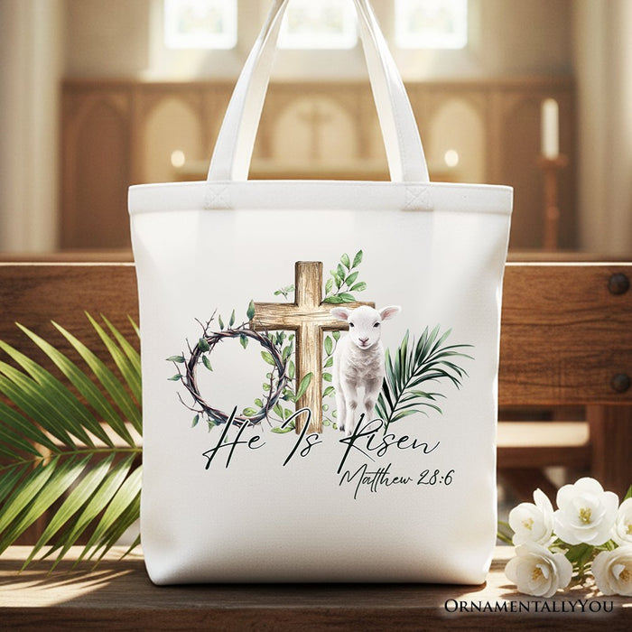 He Is Risen Lamb Cross Christian Easter Tote Bag, Bible Verse Matthew 28:6 Gift Shopper Tote Bag OrnamentallyYou White