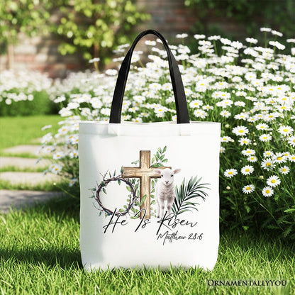 He Is Risen Lamb Cross Christian Easter Tote Bag, Bible Verse Matthew 28:6 Gift Shopper Tote Bag OrnamentallyYou Black Handle