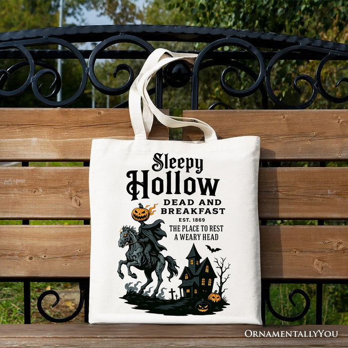 Headless Horseman Sleepy Hollow Halloween Canvas Tote Bag, Dead and Breakfast Retro Gift Tote Bag OrnamentallyYou White