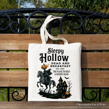 Headless Horseman Sleepy Hollow Halloween Canvas Tote Bag, Dead and Breakfast Retro Gift Tote Bag OrnamentallyYou White
