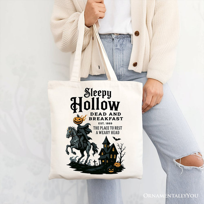 Headless Horseman Sleepy Hollow Halloween Canvas Tote Bag, Dead and Breakfast Retro Gift Tote Bag OrnamentallyYou