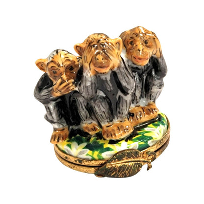 Three Wise Monkeys Figurine Porcelain Limoges wild animals religion French Trinket Box