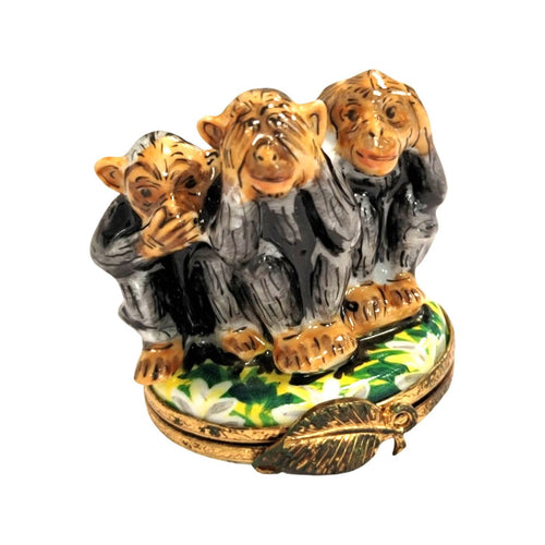 Three Wise Monkeys Figurine Porcelain Limoges wild animals religion French Trinket Box