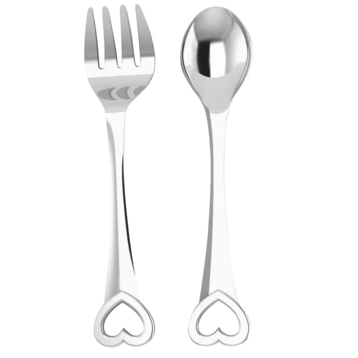 Heart Sterling Silver Baby Spoon and Fork by Krysaliis showing the front of both utensils