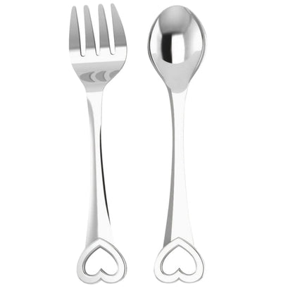 Heart Sterling Silver Baby Spoon and Fork by Krysaliis showing the front of both utensils
