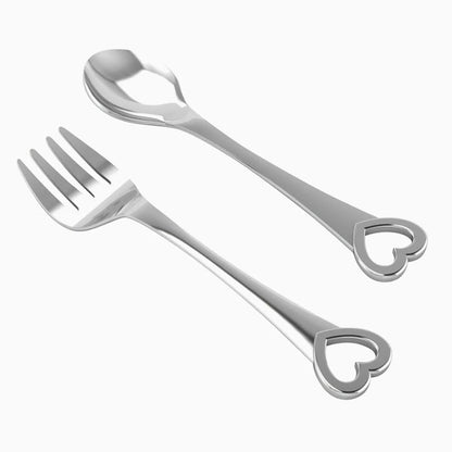 Heart Sterling Silver Baby Spoon and Fork by Krysaliis showing the reverse or angled detail