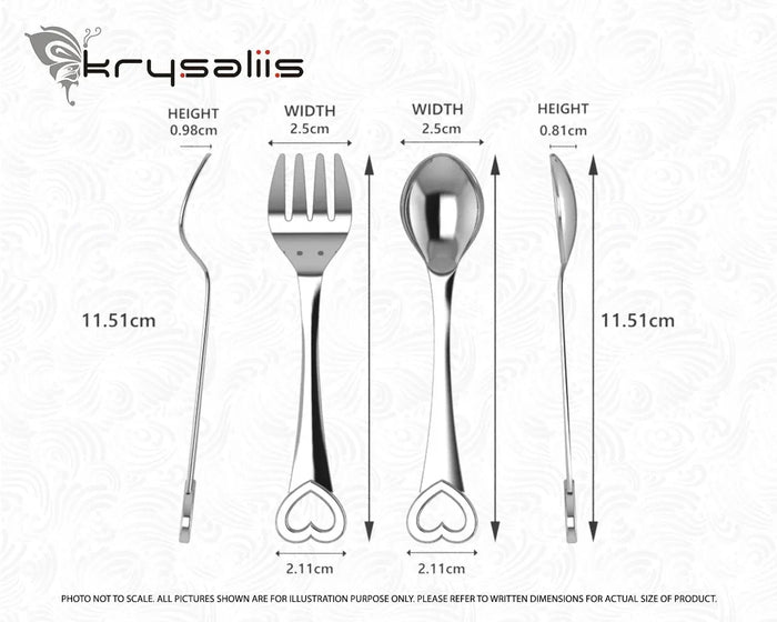 Technical measurement drawing of Heart Sterling Silver Baby Spoon and Fork by Krysaliis