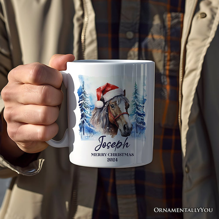 Horse with Santa Hat Personalized Mug, Winter Forest Christmas Gift With Custom Name and Date Personalized Ceramic Mug OrnamentallyYou