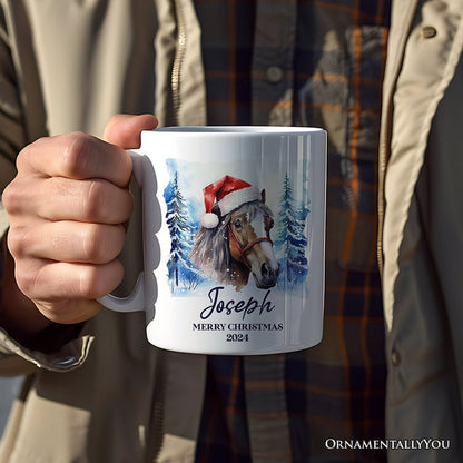 Horse with Santa Hat Personalized Mug, Winter Forest Christmas Gift With Custom Name and Date Personalized Ceramic Mug OrnamentallyYou