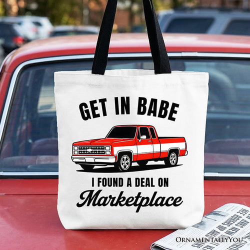 I Found A Deal On Marketplace Tote Bag, Funny Red Truck Gift Shopper Tote Bag OrnamentallyYou Black Handle