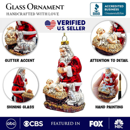 Innocent Santa and Baby Jesus Handblown Glass Christmas Ornament, Nativity Christian Holiday Decor Glass Ornament OrnamentallyYou