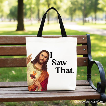Jesus I Saw That Canvas Tote Bag, Whimsical Christians Gift Shopper Tote Bag OrnamentallyYou Black Handle