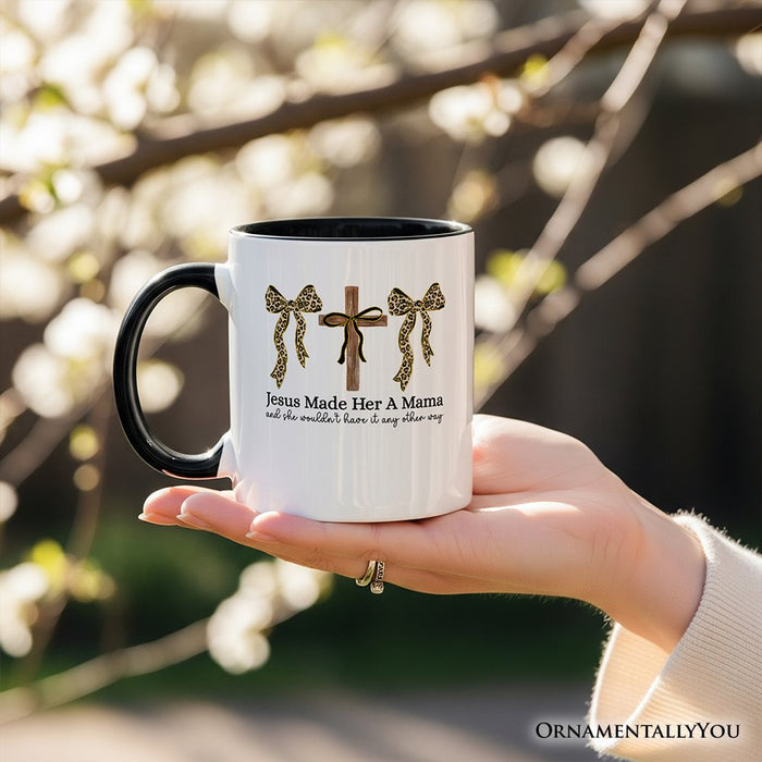 Jesus Made Her A Mama Personalized Mug, Coquette Christian Leopard Bows Faith Gift with Custom Name Personalized Ceramic Mug OrnamentallyYou