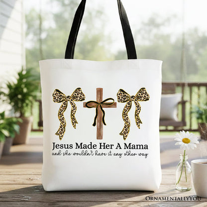 Jesus Made Her A Mama Tote Bag, Coquette Christian Leopard Bows Faith Gift Shopper Tote Bag OrnamentallyYou Black Handle