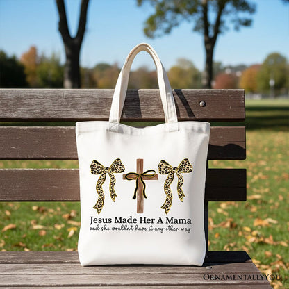Jesus Made Her A Mama Tote Bag, Coquette Christian Leopard Bows Faith Gift Shopper Tote Bag OrnamentallyYou White