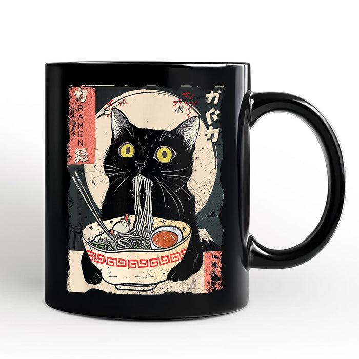 Kawaii Anime Cat Eating Ramen Personalized Mug, Noodle Japanese Art Style Gift with Custom Name Personalized Ceramic Mug OrnamentallyYou Black Non-Custom