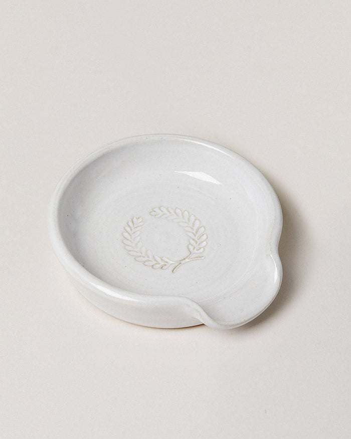 Laurel Stoneware Spoon Rest — white spoon rest with laurel stamp; Farmhouse Pottery