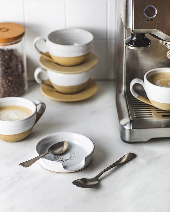 Laurel Stoneware Spoon Rest — spoon rest beside mugs and coffee tools; Farmhouse Pottery