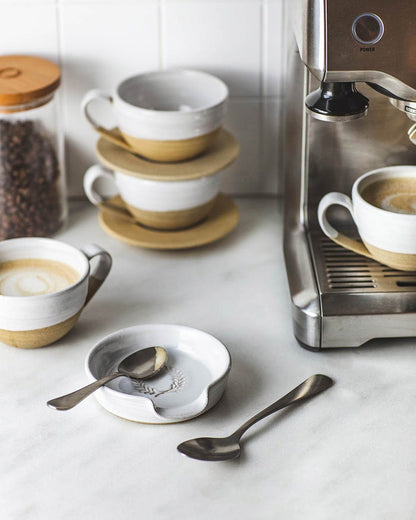 Laurel Stoneware Spoon Rest — spoon rest beside mugs and coffee tools; Farmhouse Pottery
