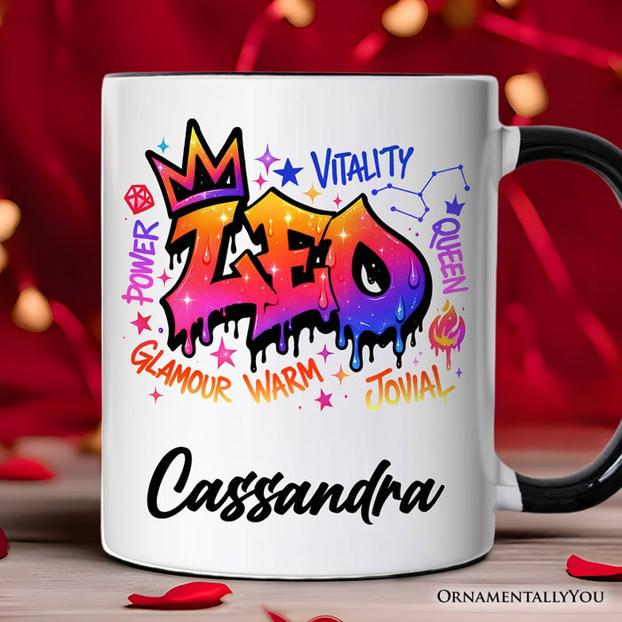 Leo Graffiti Zodiac Personalized Mug, Street Style Astrology Horoscope Gift with Custom Name Personalized Ceramic Mug OrnamentallyYou Black Handle Customized