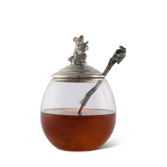 Little Bear Glass Honey Pot with Pewter Lid — Little Bear honey pot filled with honey and spoon inside; Vagabond House