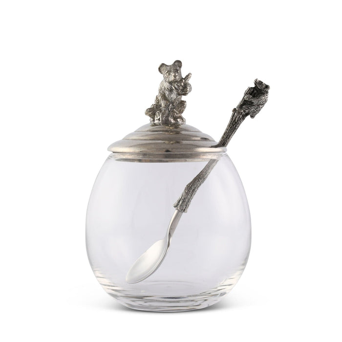 Little Bear Glass Honey Pot with Pewter Lid — empty pot with bear-topped lid and spoon; Vagabond House