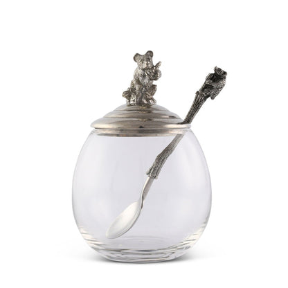 Little Bear Glass Honey Pot with Pewter Lid — empty pot with bear-topped lid and spoon; Vagabond House