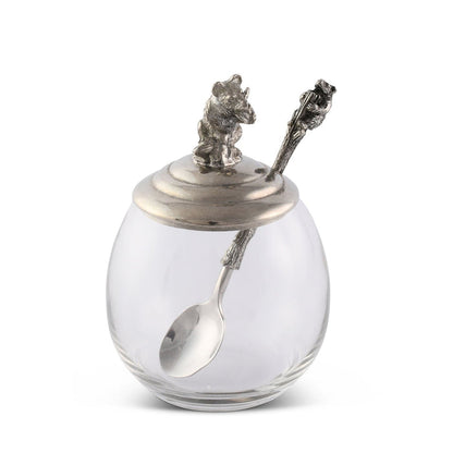 Little Bear Glass Honey Pot with Pewter Lid — angled view of pot with spoon inside; Vagabond House