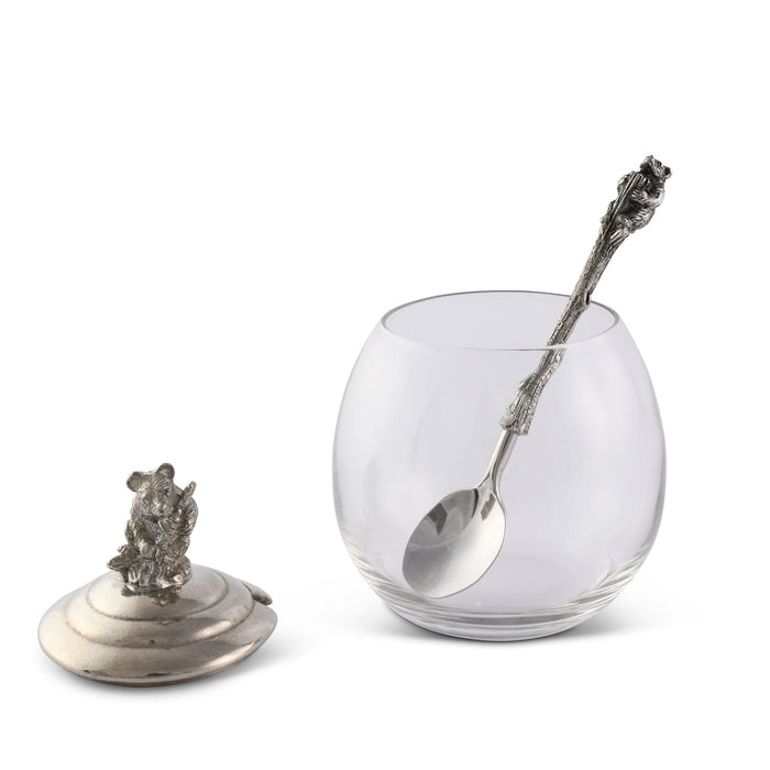 Little Bear Glass Honey Pot with Pewter Lid — glass pot, lid and spoon shown separately; Vagabond House