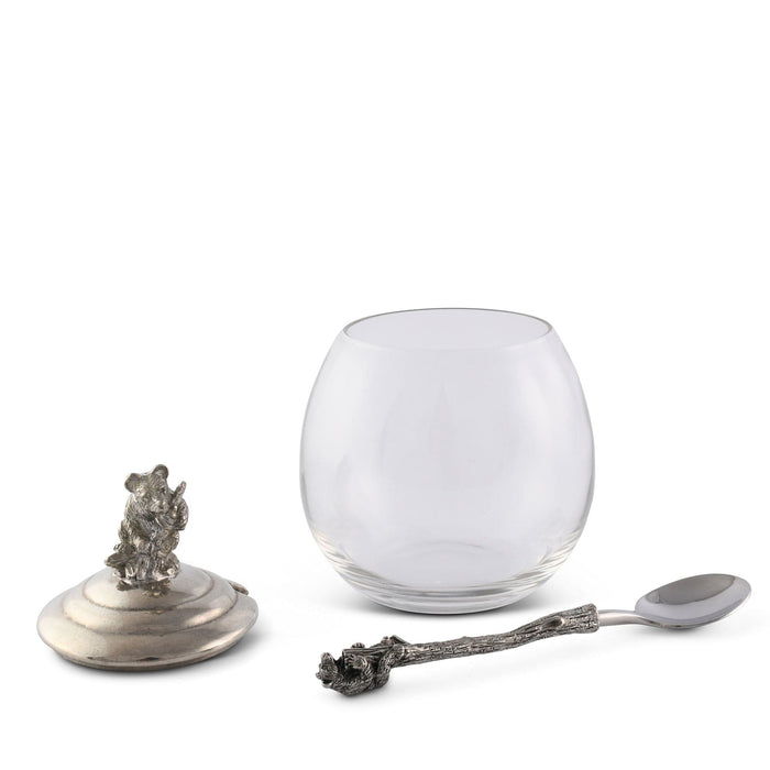 Little Bear Glass Honey Pot with Pewter Lid — alternate arrangement of the empty pot, lid and spoon; Vagabond House
