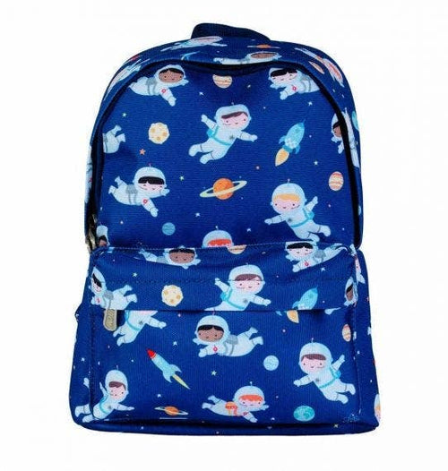 Blue backpack with children astronauts, planets, and rockets printed on it.