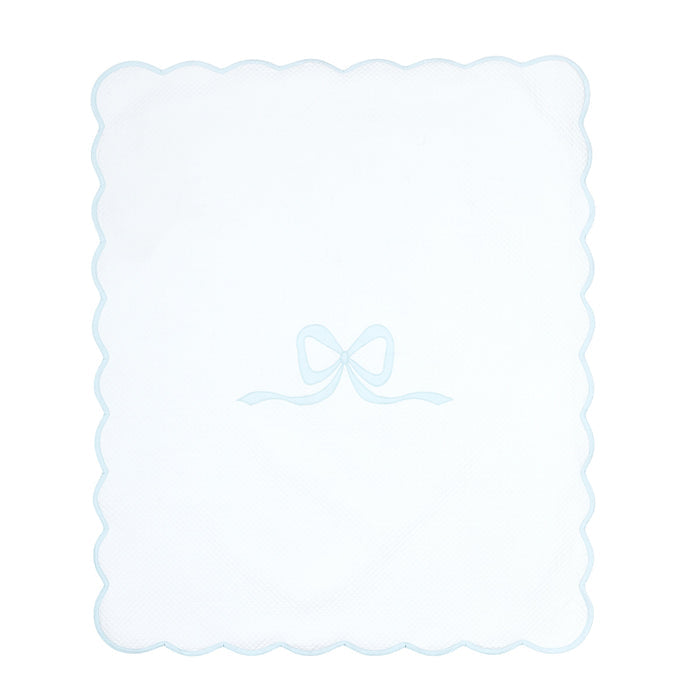 Lucy cotton blanket with blue bow and scalloped edge by Lenora