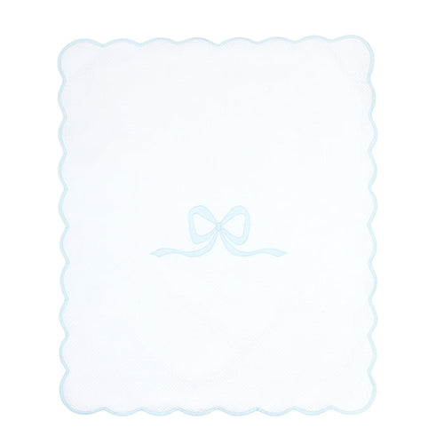 Lucy cotton blanket with blue bow and scalloped edge by Lenora