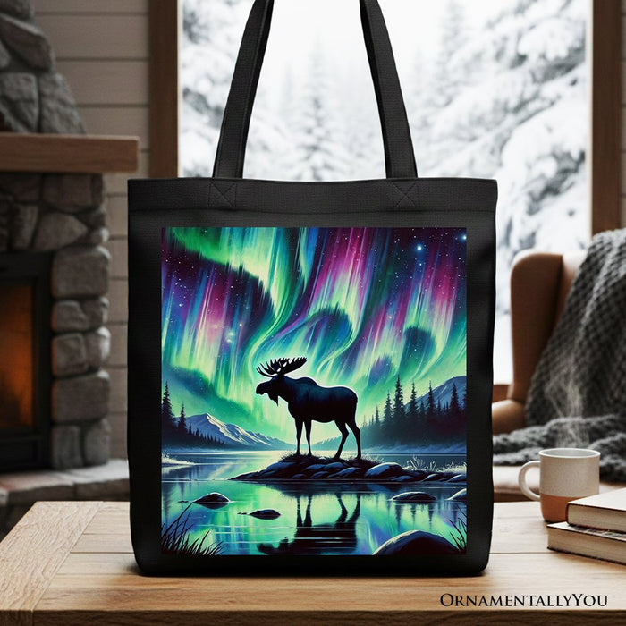 Majestic Moose Under Northern Lights Canvas Tote Bag, Gift Shopper for Enchanted Christmas Tote Bag OrnamentallyYou Black