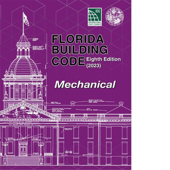 Cover of the 2023 Florida Building Code Eighth Edition Mechanical with architectural blueprint on purple background