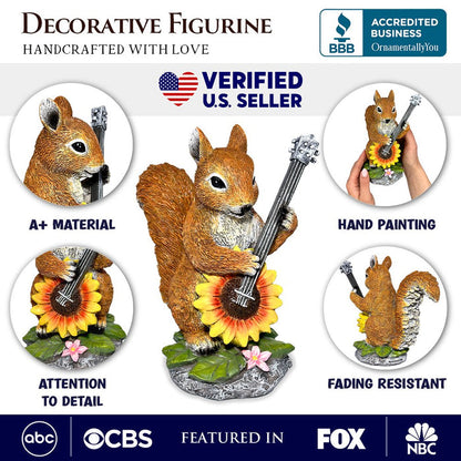 Melody of the Meadow Squirrel Garden Statue, 8" Sunflower Banjo Outdoor Decor Resin Statues OrnamentallyYou