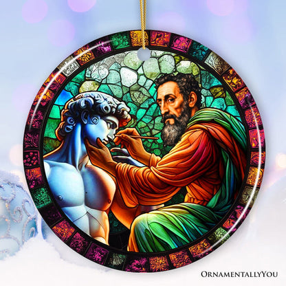 Michelangelo Sculpting David in Stained Glass Themed Christmas Ornament, Renaissance Italy Gift and Decor Ceramic Ornament OrnamentallyYou Circle