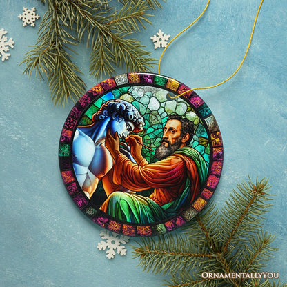 Michelangelo Sculpting David in Stained Glass Themed Christmas Ornament, Renaissance Italy Gift and Decor Ceramic Ornament OrnamentallyYou