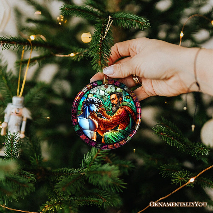 Michelangelo Sculpting David in Stained Glass Themed Christmas Ornament, Renaissance Italy Gift and Decor Ceramic Ornament OrnamentallyYou