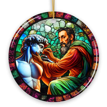Michelangelo Sculpting David in Stained Glass Themed Christmas Ornament, Renaissance Italy Gift and Decor Ceramic Ornament OrnamentallyYou