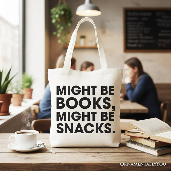 Might Be Books Might be Snacks Canvas Tote Bag, Minimalist Gift Shopper for Bookworms Tote Bag OrnamentallyYou White