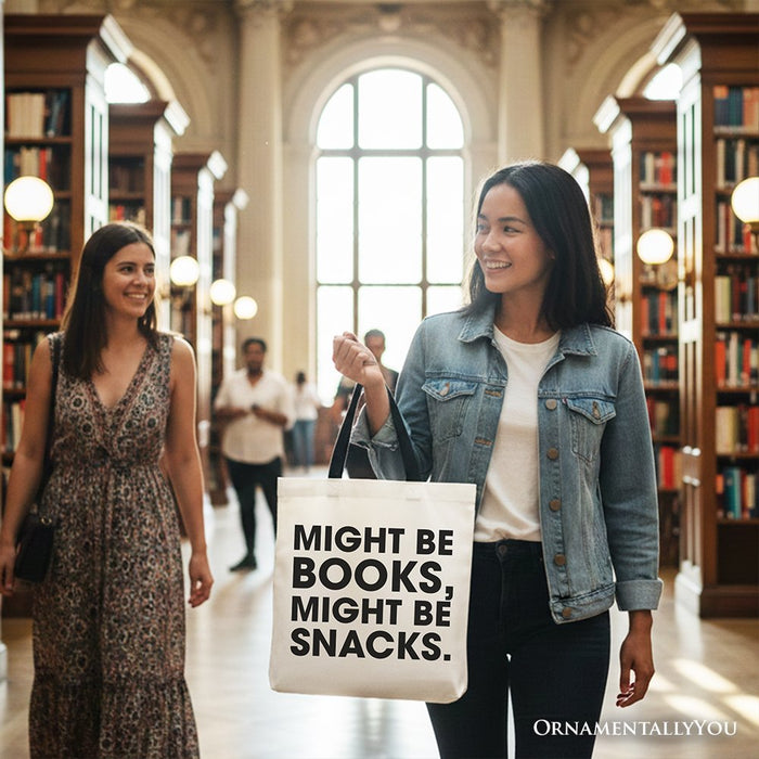 Might Be Books Might be Snacks Canvas Tote Bag, Minimalist Gift Shopper for Bookworms Tote Bag OrnamentallyYou