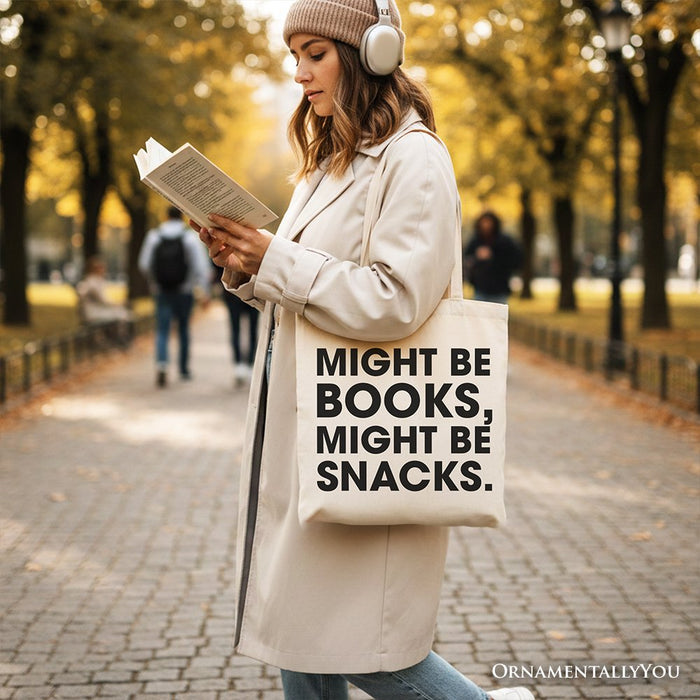 Might Be Books Might be Snacks Canvas Tote Bag, Minimalist Gift Shopper for Bookworms Tote Bag OrnamentallyYou