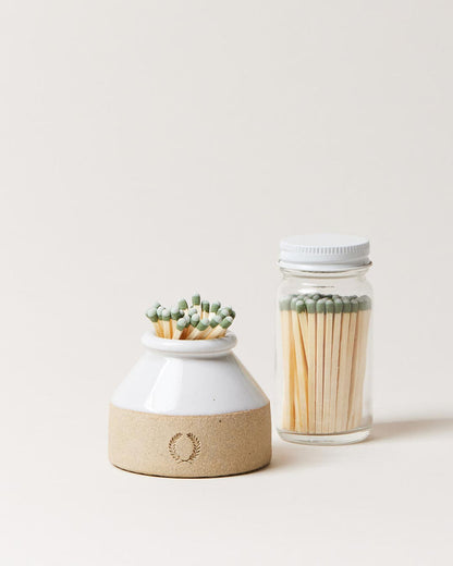 Milk Bottle Stoneware Match Striker — milk-bottle-shaped match striker and jar of matches; Farmhouse Pottery