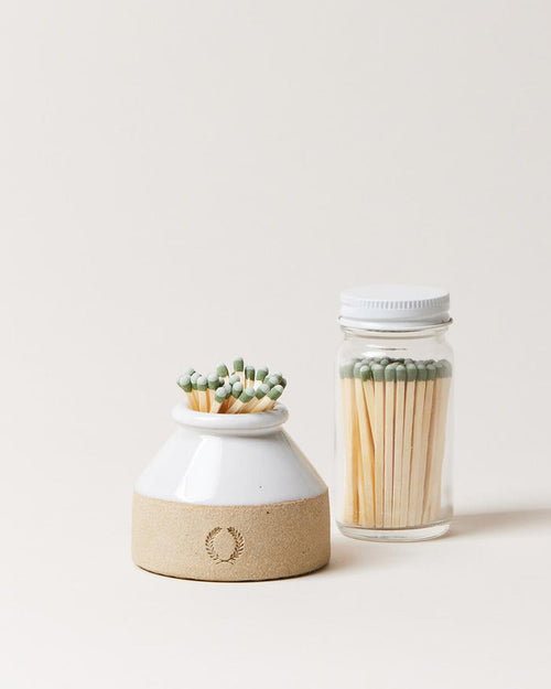 Milk Bottle Stoneware Match Striker — milk-bottle-shaped match striker and jar of matches; Farmhouse Pottery