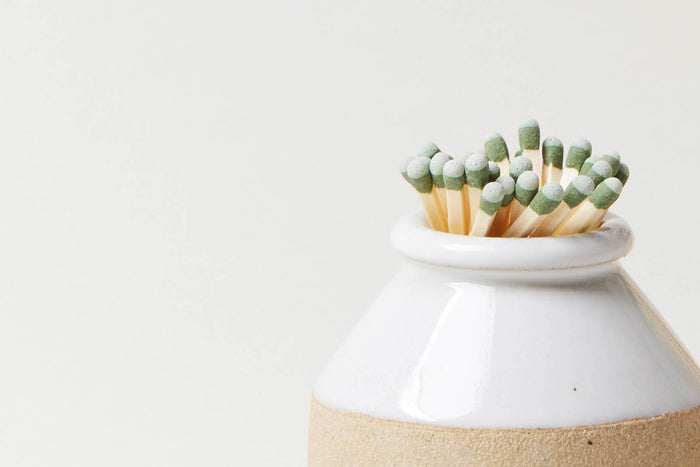 Milk Bottle Stoneware Match Striker — close view of matches in the narrow opening; Farmhouse Pottery