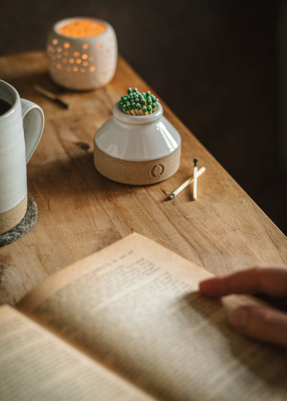 Milk Bottle Stoneware Match Striker — match striker in a candlelit grouping; Farmhouse Pottery